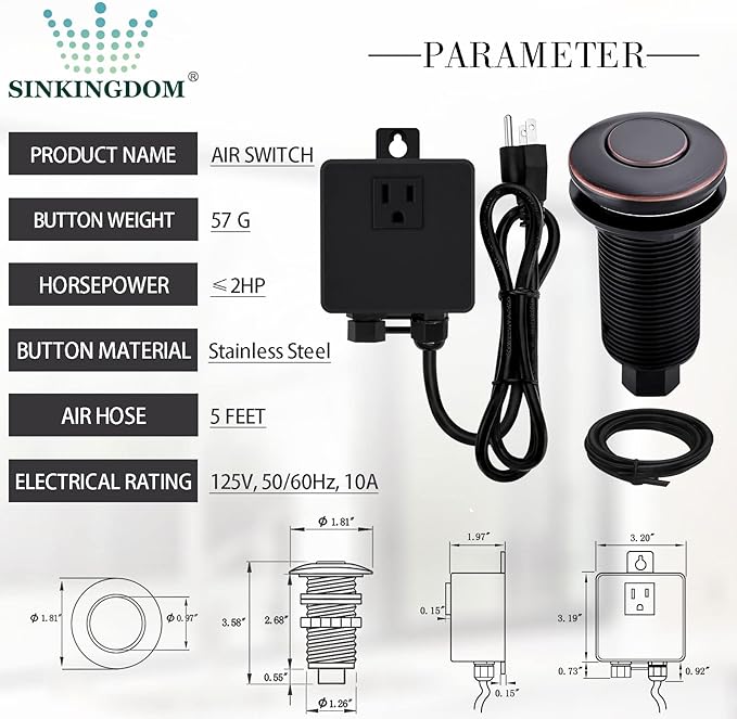 Garbage Disposal SinkTop Air Switch Kit with Long Button,Brass Made Cover,Oil Rubbed Bronze-Ruum Studio Home