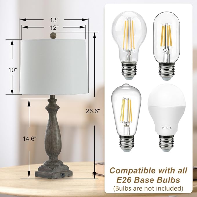 𝟐𝟔-𝐈𝐍𝐂𝐇 Rustic Table Lamp Set of 2 for Living Room, Vintage Farmhouse Bedside Lamp with USB Charging Port, 3 Way Dimmable Resin Nightstand Lamps with White Shade for Bedroom, End Table-Ruum Studio Home