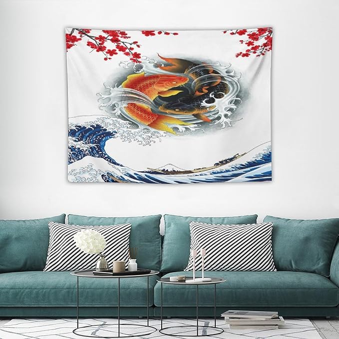 Houselerax Koi Fish Tapestry, Japanese Style Yin Yang Big Wave Cherry Blossoms Tapestries Wall Hanging for Bedroom Living Room Office Decor 40"x30"-Ruum Studio Home