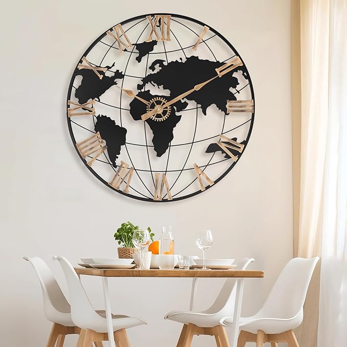 24 Inch Large Wall Clock for Living Room Decor,Big Modern Decorative Silent World Map Metal Wall Clock with Vintage Gold Roman Numeral for Office,Living Room,Kitchen,Dining Room-Ruum Studio Home