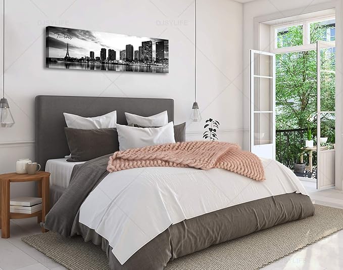 DJSYLIFE Paris Eiffel Tower Skyline Wall Art Black and White Modern City Night View Panoramic Cityscape Picture Paintings Canvas Prints Office Room Home Decoration Artwork Framed 13.8"X47.3"-Ruum Studio Home