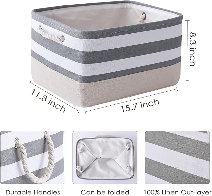 TheWarmHome Storage Basket Fabric Basket with Handles Dog Toy Basket Cloth Storage Bin Shelf Basket Decorative Storage Basket Shoe Basket Gift Basket(Grey&White Stripes-1 Pack,15.7L×11.8W×8.3H)-Ruum Studio Home