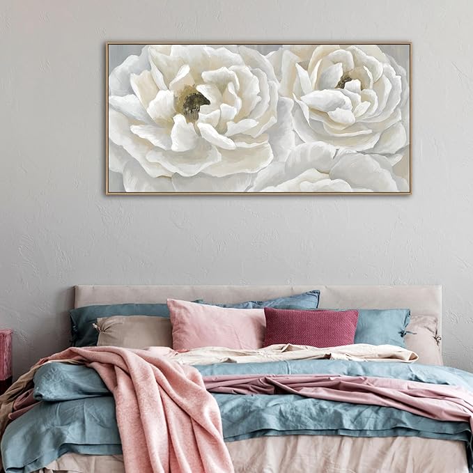 arteWOODS Cream White Flowers Framed Wall Art - Soft Peony Pictures for Wall Decor Elegant Blossom Flower Painting Artwork Botanical Prints for Living Room Home Office Wall Decoration 24" x 48"-Ruum Studio Home
