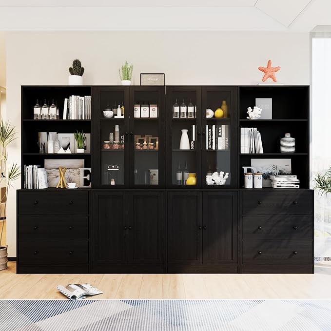 TUSY 71" Bookshelf Bookcase, 3-Tier Modern Bookshelves 3 Large Drawer, Wood Filing Cabinet with Open Storage Shelf, Glass Doors 5-Tier Fixed Storage Shelves for Home Office (Black)-Ruum Studio Home