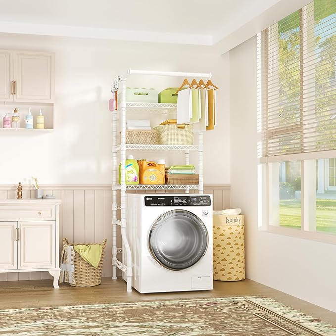 Ulif U11 Mini Over Washer and Dryer Shelves, 3 Tiers Laundry Room Storage and Organizer Standing Shelf, Metal Freestanding Clothes Drying Rack, 28.3”W x 19.7”D x 77.6”H, White-Ruum Studio Home