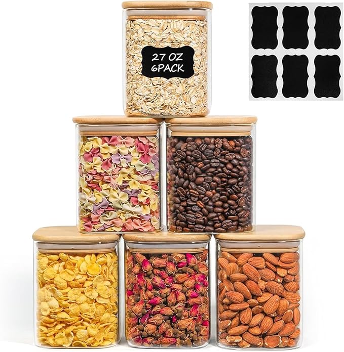 ComSaf 0.8 Qt Glass Food Storage Jars Set of 6, Clear Storage Containers with Airtight Lids, Pantry Organization Jar, Spice Jar, Blooming Tea, Oat, Coffee and Sugar Container, Canister Set for Kitchen-Ruum Studio Home