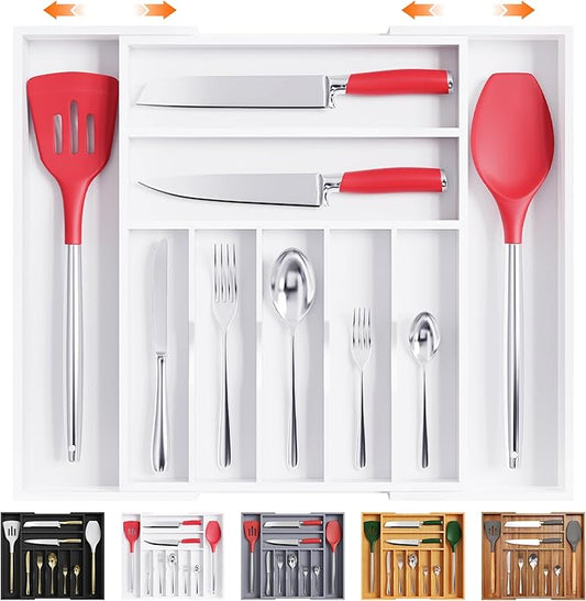 Bellsal Large Premium Bamboo Silverware Organizer - Expandable Utensil Drawer Organizer - 17"x19.6" Utensil Holder and Cutlery Tray with Grooved for Kitchen Flatware and Utensils(7-9 Slot, White)-Ruum Studio Home