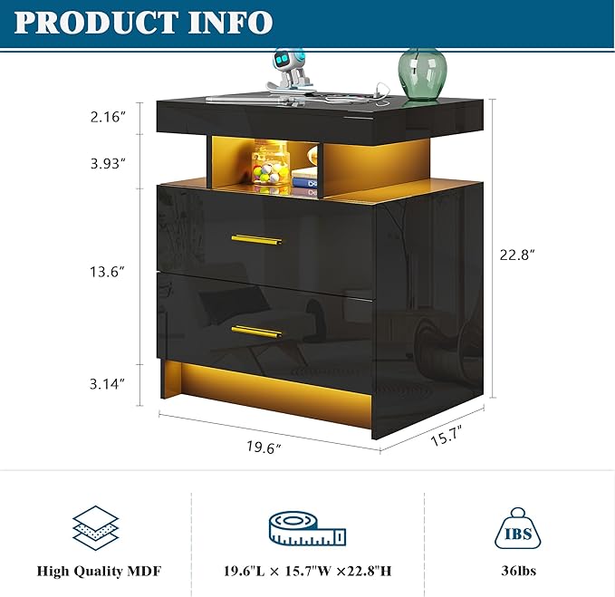 Night Stand with Light, High Gloss Nightstand with USB/Wireless Charging Station, LED Black Nightstands with Storage Drawers, RGB Side End Table for Bedroom Furniture（Black）-Ruum Studio Home