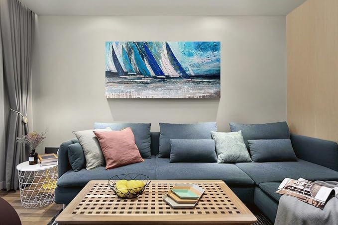 Arjun Blue Abstract Wall Art Canvas Teal Ocean Sailboat Picture Modern Turquoise Coastal Nautical Painting Large 48"x24" Framed Textured Artwork for Living Room Bedroom Bathroom Home Office Wall Decor-Ruum Studio Home