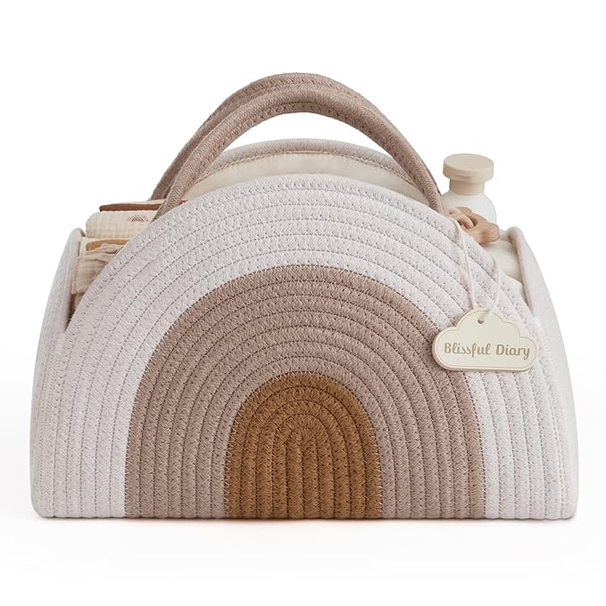 Blissful Diary Baby Diaper Caddy Organizer, Cotton Rope Diaper Caddy Basket, Large Storage Basket for Newborn Boys and Girls, Gift for Baby Shower List, Newborn Essentials, Earthy Rainbow-Ruum Studio Home