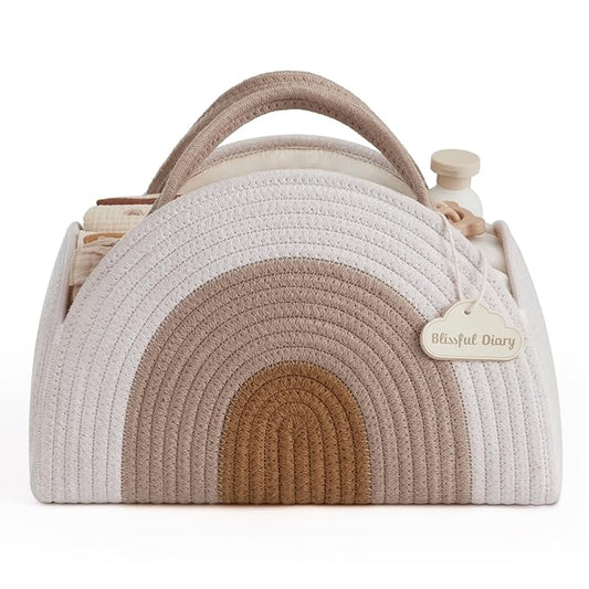 Blissful Diary Baby Diaper Caddy Organizer, Cotton Rope Diaper Caddy Basket, Large Storage Basket for Newborn Boys and Girls, Gift for Baby Shower List, Newborn Essentials, Earthy Rainbow-Ruum Studio Home