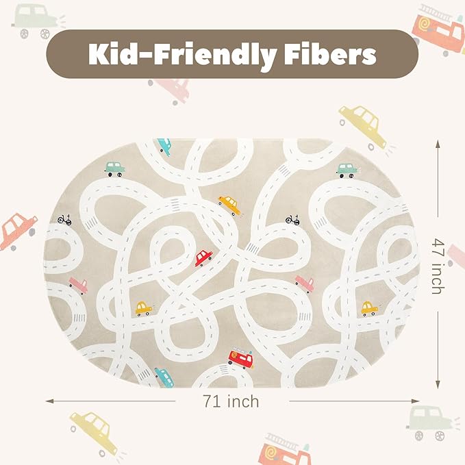 STARUIA Large Kids Rug for Playroom, 4'x6' Washable Road Rug for Nursery, Non-Slip Car Rugs for Boys Room, Tan Traffic Classroom Rugs Soft Baby Play Mat for Dorm Toy Room Tent-Ruum Studio Home