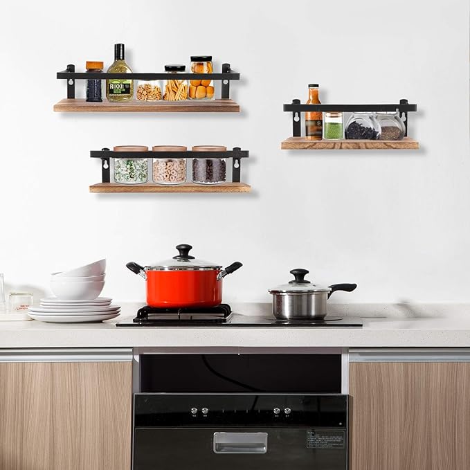 Floating Shelves Rustic Wood Wall Mounted Shelf Practical Metal Fence Design Ideal for Bedroom, Bathroom, Kitchen Set of 3(Carbonized Black)-Ruum Studio Home
