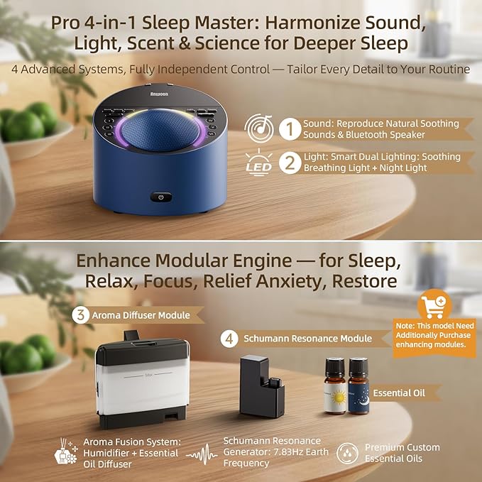 Sound Machine & Soothing Light |Optional Expan. Aroma Diffuser & Schumann Resonance (Add'l Purchase) |Premium Metal Shell with 50+ Calming Sounds System for Sleep, Focus, Relaxation –Adults Kids Baby-Ruum Studio Home