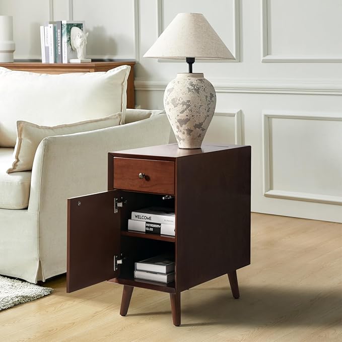 HULALA HOME End Table with Drawer and Charging Station, Modern End Table with USB Ports and Outlets, Wooden Side Table with Storage-Walnut-Ruum Studio Home