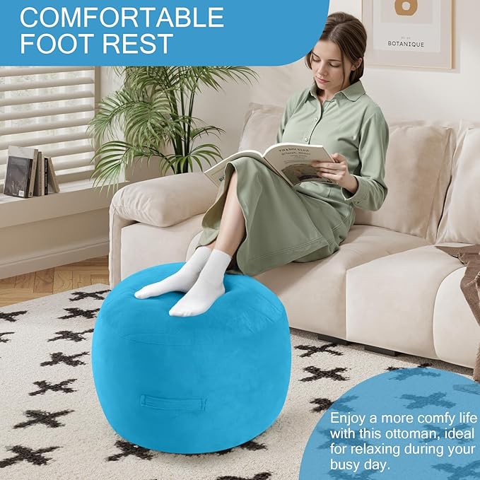 MeMoreCool Round Stuffed Pouf Ottoman Foot Rest, Floor Pouf Foot Stool with Soft Foam Chunk Filling, Small Round Ottoman Footstool Circle Footrest for Living Room, Blue-Ruum Studio Home