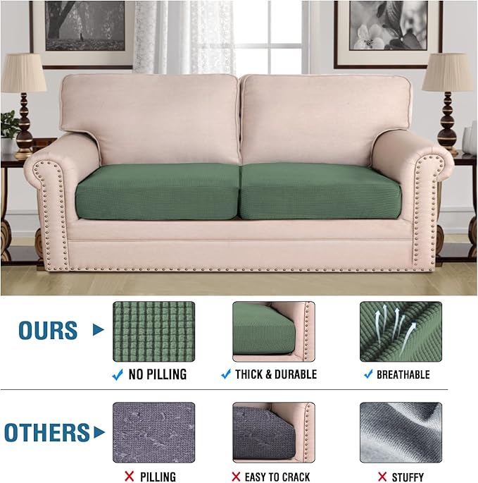 H.VERSAILTEX Super Stretch Individual Seat Cushion Covers Sofa Covers Couch Cushion Covers Slipcover Sets Thick Jacquard Textured Twill Fabric (2 Piece Large Sofa Cushion Covers, Loden Frost)-Ruum Studio Home