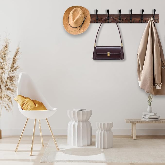 32.2'' Large Coat Rack Wall Mount Coat Hooks Coat Hanger with 8 Metal Black Triple- Hooks Brown Pine Real Wood Plank Hat Rack for Wall Hooks for Hanging Coat Hat Jacket-Ruum Studio Home