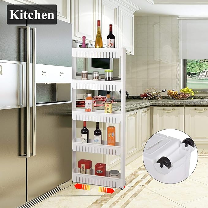 Laundry Room Organizer, Mobile Shelving Unit Organizer with 5 Large Storage Baskets, Gap Storage Slim Slide Out Pantry Storage Rack for Narrow Spaces-Ruum Studio Home