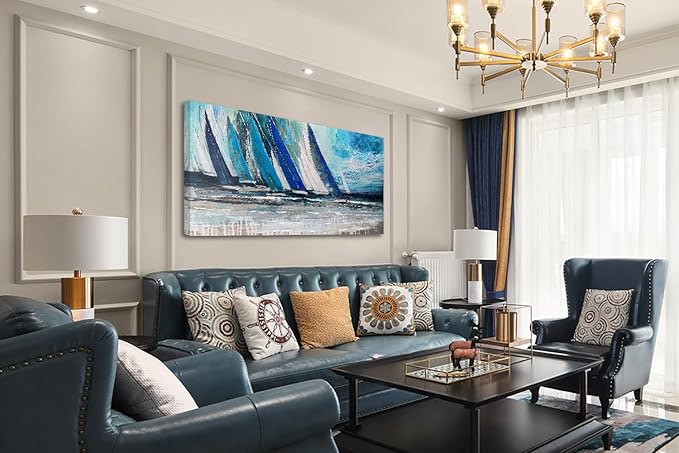 Arjun Blue Abstract Wall Art Canvas Teal Ocean Sailboat Picture Modern Turquoise Coastal Nautical Painting Large 40"x20" Framed Textured Artwork for Living Room Bedroom Bathroom Home Office Wall Decor-Ruum Studio Home