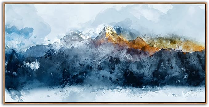Framed Canvas Wall Art Indigo Abstract Mountain Pictures Wall Decor Blue Grey Orange Mountain Peaks Canvas Painting Prints Modern Abstract Artwork for Living Room Bedroom Decoration 24" x 48"-Ruum Studio Home