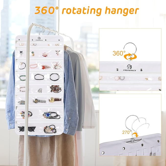 Freegrace Hanging Jewelry Organizer Revolving Hanger - Secure Zipper Closure - 50 Pockets - Foldable Storage & Display Solution - For All Jewelry & Bijoux (White)-Ruum Studio Home