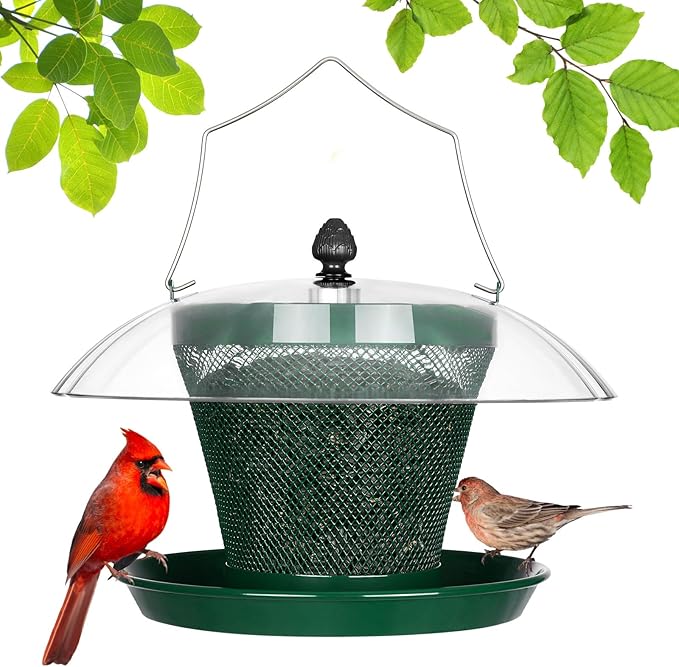 Veehoo Bird Feeders for Outdoors Hanging-Cardinal Bird Feeder with Weatherproof Dome, Wild Meta Finch Feeder for Outside 2.5 lbs Sunflower Seed Capacity, Green-Ruum Studio Home