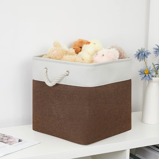 Bidtakay Collapsible Rustic Cube Storage - Brown Cloth Baskets with Handles, 13x13x13 Inch, Set of 3 Fabric Storage Bins-Ruum Studio Home