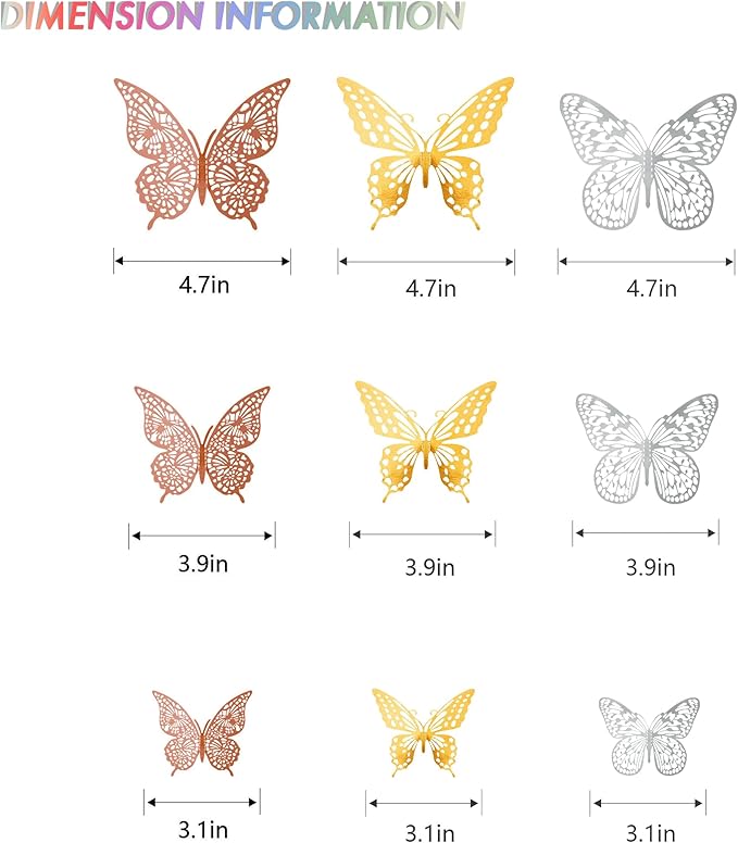 SAOROPEB 3D Butterfly Wall Decor, 72 Pcs 3 Styles 3 Sizes, Removable Metallic Wall Decor Sticker Room Mural Decals for Kids Bedroom Nursery Classroom Party Decoration Wedding Decor DIY Gift (3 Color)-Ruum Studio Home