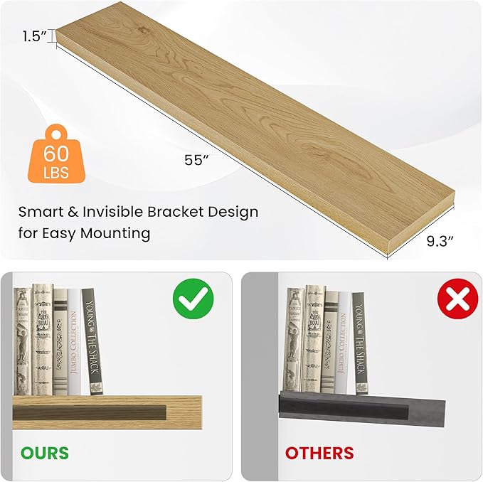 Floating Shelves for Wall, 55"W x 9.3"D x 1.5"H, Long Wooden Wall Mounted Display Shelves with Invisible Brackets for Living Room, Bedroom, Bathroom, Kitchen Decor and Storage, Set of 1, Oak-Ruum Studio Home