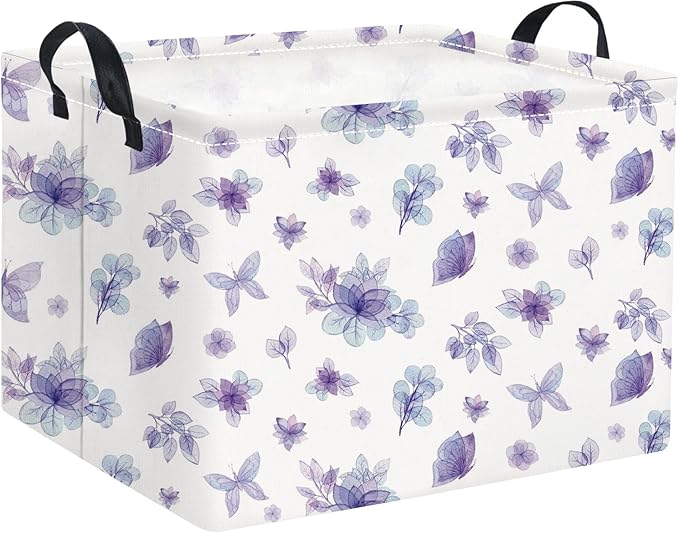 HIYAGON Rectangular Storage Basket Collapse Canvas Fabric Cartoon Bin Organizer Box with Handles for Organizing Home Kitchen Room Decor(Watercolor Flower)-Ruum Studio Home