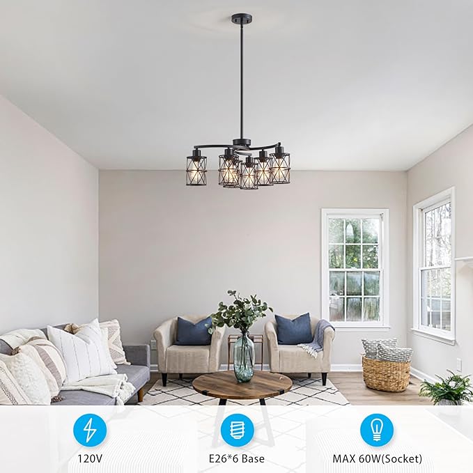 XINGQI Modern Black Chandelier 6-Light Pendant Lighting Fixture with Metal Shade 24" Height Adjustable for Dining Room Living Room Bedroom-Ruum Studio Home