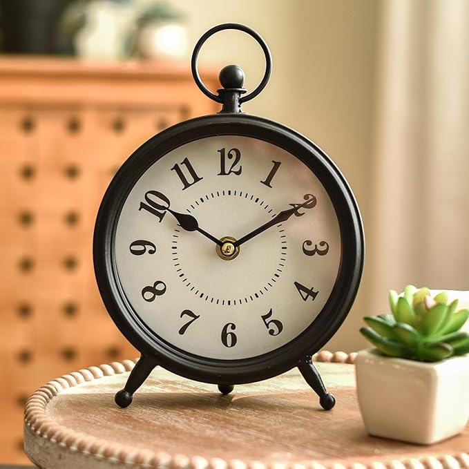 Vintage Non-Ticking Black Table Clock with Stand, Decorative Clock for Desk and Shelf, Rustic Farmhouse Style Mantel Timepiece-Ruum Studio Home