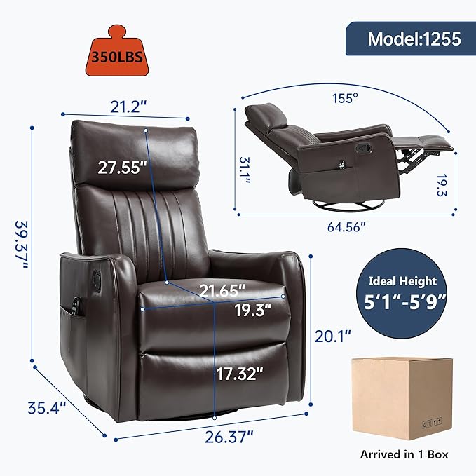 Manual Swivel Rocker Recliner Chair for Adults, Overstuffed Reclining Glider Chair for Nursing with Vibration Massage & Heat, Living Room Rocking Recliner 2-Stage backrest, Faux Leather Brown-Ruum Studio Home