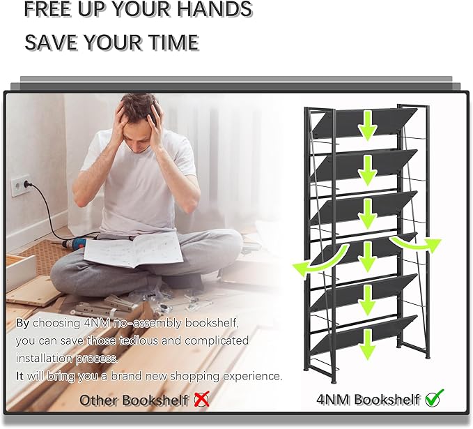 4NM No Assembly Foldable Bookshelf, 6-Shelf Collapsible Bookcase Storage for Small Spaces, 74" H, All Black-Ruum Studio Home