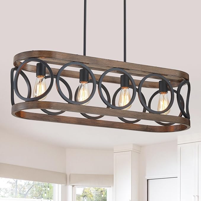 XINGQI Rectangular Linear Kitchen Island Chandeliers Over Table 32.7" Black Pendant Lighting Fixtures Farmhouse 4-Light for Dining Room Bar Office Coffee Shop, Black Wood Grain-Ruum Studio Home