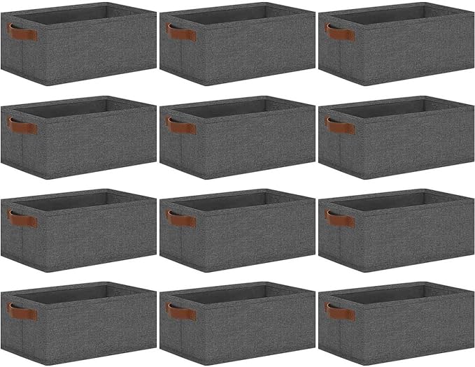 GhvyenntteS Small Fabric Storage Bins 12 Pack, 11.8" x 7.87" x 5.11" Storage Basket with Leather Handles, Closet Storage Bins for Shelves, Storage Baskets for Shelves, DVD Storage (Grey)-Ruum Studio Home