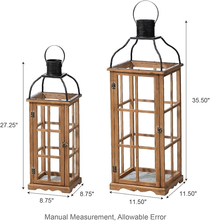 Glitzhome Set of 2 Oversized Farmhouse Wood Lanterns with Metal Top Decorative Hanging Candle Lanterns for Home Décor, Natural (No Glass)-Ruum Studio Home