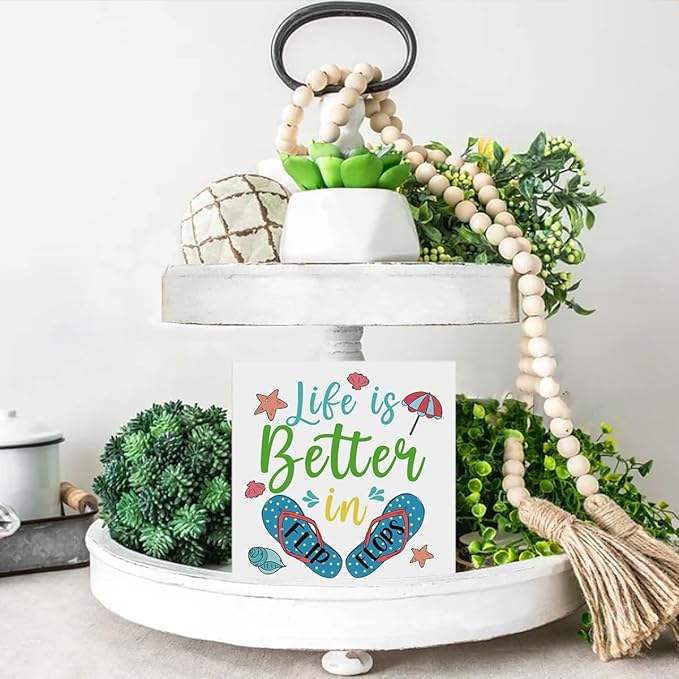 Summer Decor Beach Decorations Flip Flop Wooden Sign Rustic Home Decor 5 x 5 Inches-Ruum Studio Home