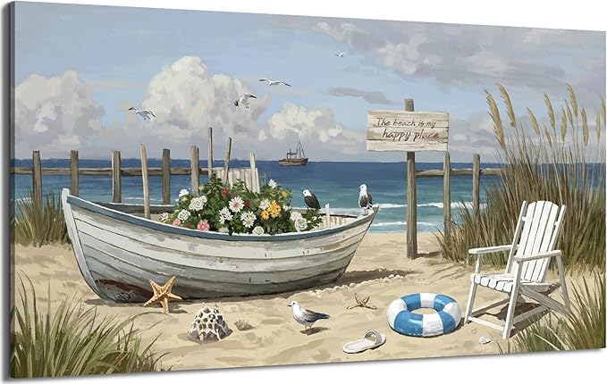 amatop Oversized Coastal Canvas Wall Art – Nautical Seaside Landscape Floral Boat on Sandy Beach Ocean Seabirds Horizontal Decor Large Wildflower Nature Artwork for Living Room Bedroom Office 58×29 Inch-Ruum Studio Home