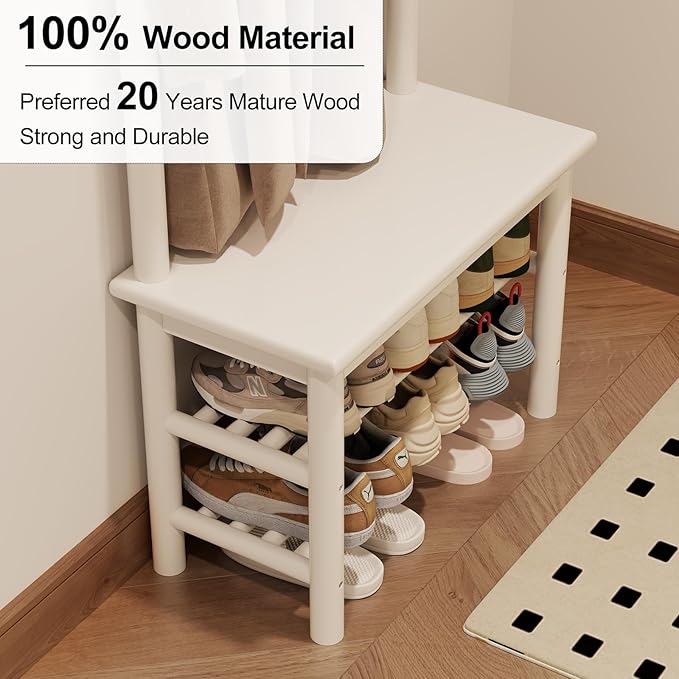Coat Rack with Shoe Storage, Narrow Wooden Hall Tree with Bench, 11 Hooks and 2-Tier Storage Shelves, 3-in-1, Entryway Bench with Coat Rack (23.6"-Deep White)-Ruum Studio Home