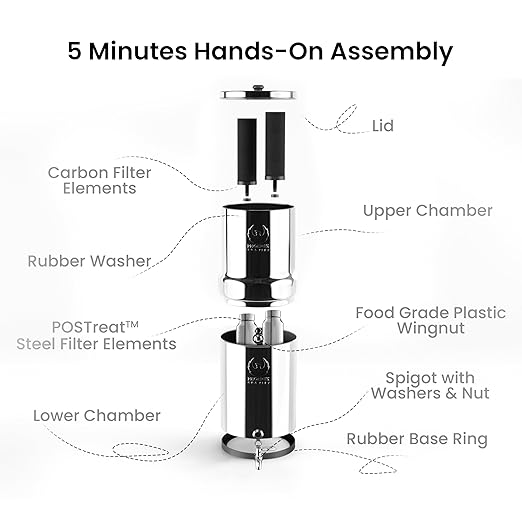 3.25 Gallons NSF Certified AISI 304 Stainless Steel Water Filter with 2 Smart Carbon (Black) Filters, 2 POSTreat Steel Fluoride Removal Elements & Free Stainless Steel Spigot-Ruum Studio Home