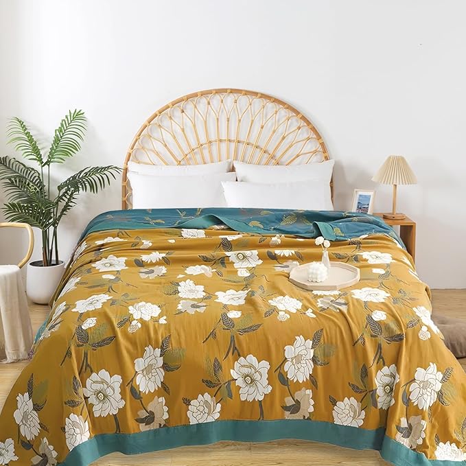 Boho Throw Blanket for Bed - 100% Pure Cotton Ultra Soft Rustic Quilt - Farmhouse Decor Bed Blankets, All Season Rustic Throw for Sofa Couch Chair(80''x 90'', Flower Branch 2)-Ruum Studio Home