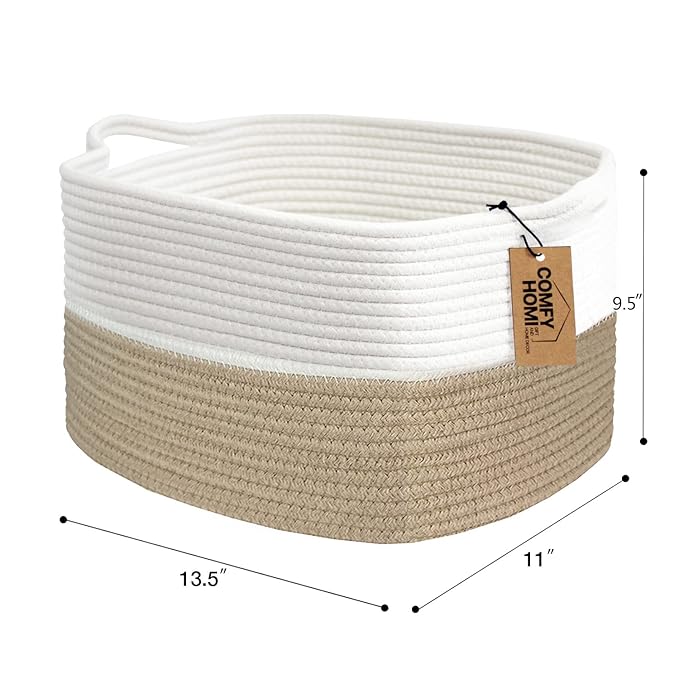 COMFY-HOMI Cotton Rope Woven Basket with Handles for Shelves,Toys,Book, Cloth Storage Baskets Bin for Organizing-13.5"x11"x9.5" Toy Decorative Organizer for Living Room, Bathroom-Light Brown-Ruum Studio Home