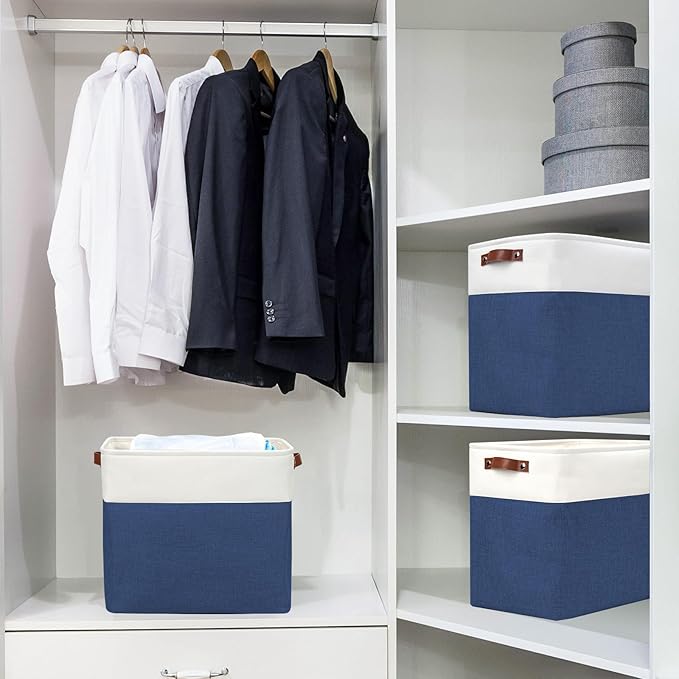 Large Fabric Storage Baskets | 50L Storage Bins, Decorative Linen Closet Baskets with Handles for Organizing, Shelf, Toys, Clothes, Home, Office, Nursery, 17x12x15Inches (Navyblue&White)-Ruum Studio Home