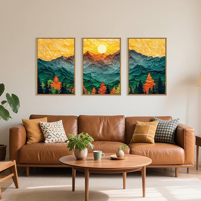 Celestdeco Abstract Mountain Framed Canvas Wall Art Set, Forest Pine Tree Golden Sunset Wall Decor, Mixed Patchwork Landscape Art Print for Living Room, Bedroom, Dining Room, Office - 24"x36"x3-Ruum Studio Home