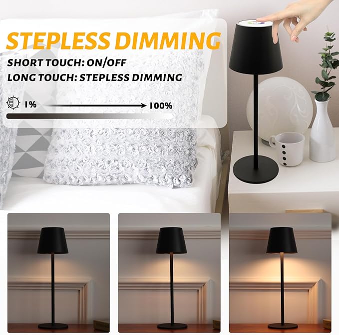 Maksone 2 Pack LED Cordless Table Lamp, 6600mWh Rechargeable Battery Desk Lamp, 3000K Stepless Dimming Night Light, IP54 Waterproof Metal Outdoor Portable Lamp for Restaurant, Patio (Black)-Ruum Studio Home