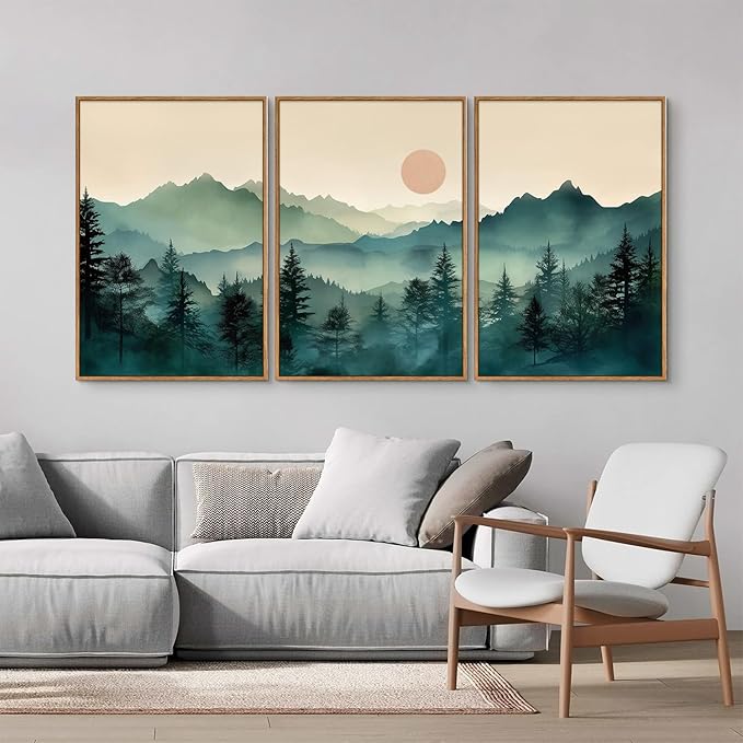 SIGNINART Large Mountain Framed Canvas Wall Art Set, Abstract Misty Forest Wall Decor, Foggy Nature Pine Tree Wall Painting, Modern Boho Sunrise Art Prints for Bedroom Living Room and Office 24"x36"x3-Ruum Studio Home