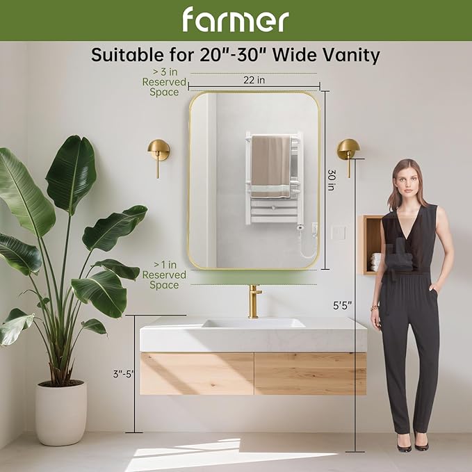 FARMER 22x30 Inch Gold Bathroom Mirror, Rectangle Vanity Mirror, Brushed Mirrors for Wall, Metal Frame Hanging Mirror with Round Corner for Bedrooms, Entryways, Living Rooms, Horizontal/Vertical-Ruum Studio Home