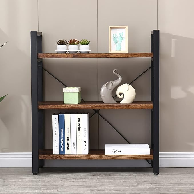 Natural Real Solid Wood Bookcase,3 Tier Metal and Wood Open Book Shelf Storage Farmhouse Wide Etagere Bookcase for Office Living Bedroom-Ruum Studio Home